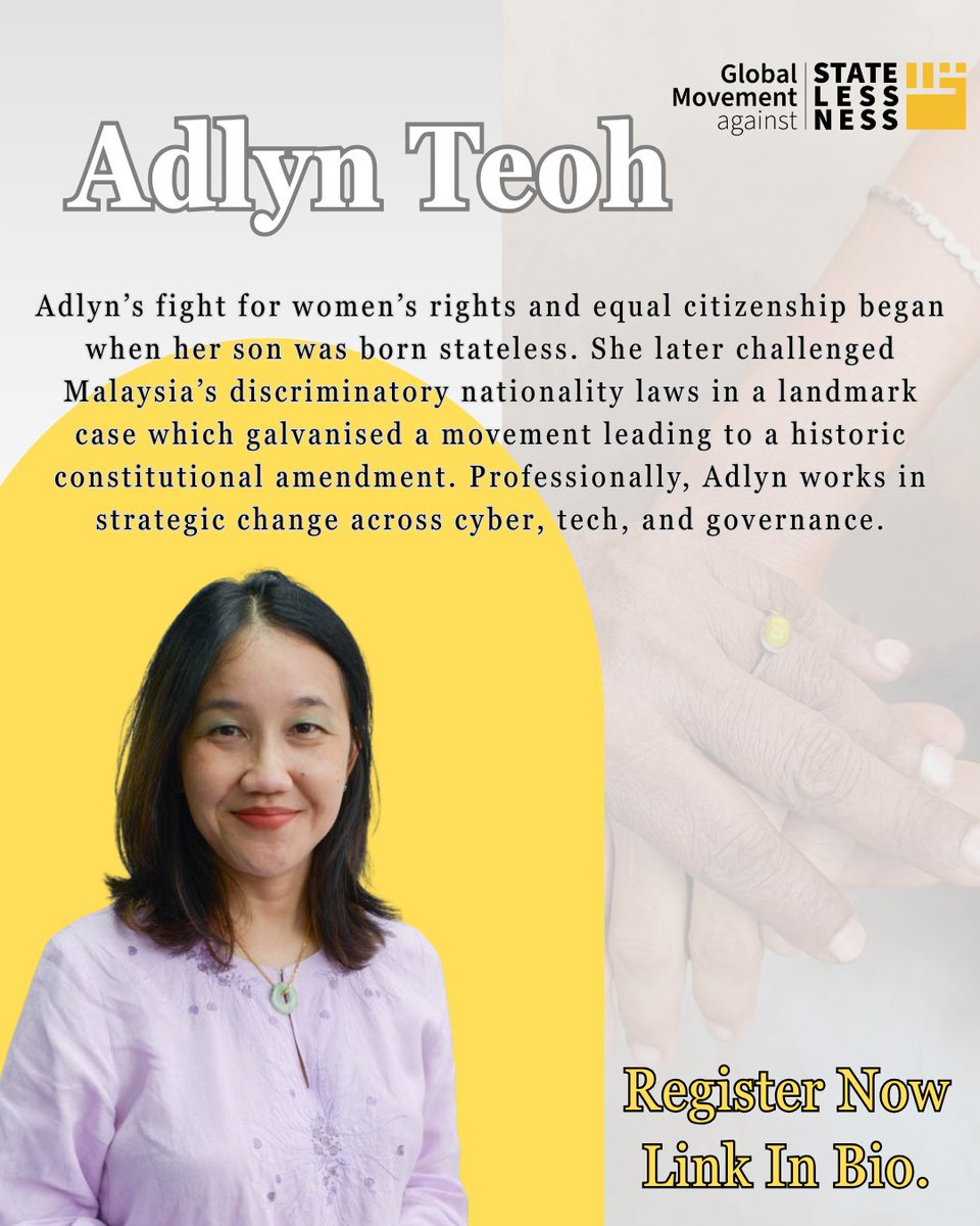 Speakers spotlight:
When her son was born #stateless, Adlyn fought back.
She led a landmark #Legal challenge in #Malaysia, helping drive a historic #constitutional change.
To hear her speak during our #communitycall Register Now:
us02web.zoom.us/meeting/regist… 
#EqualCitizenship