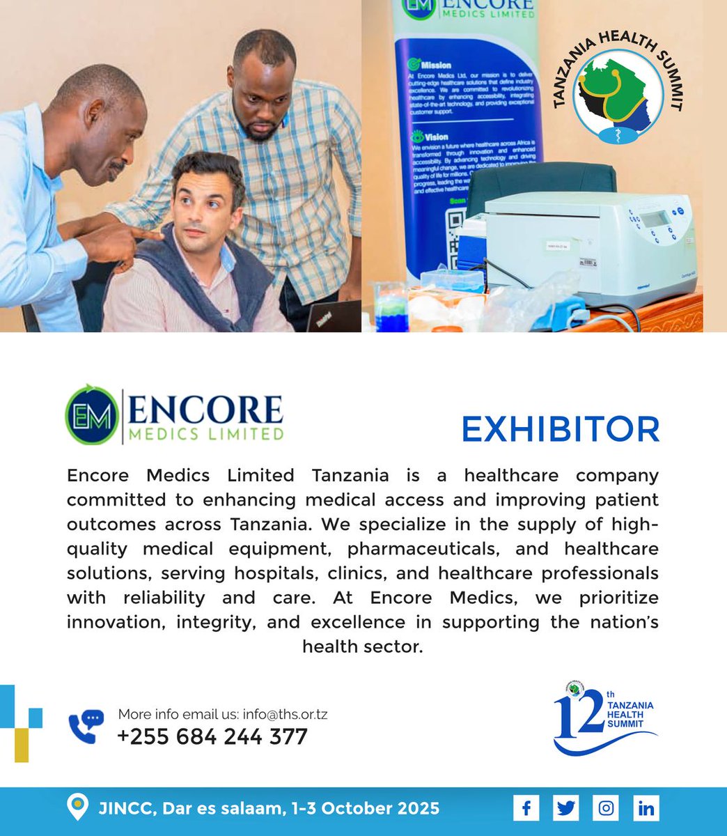 olomy13's tweet image. At the 12th Tanzania Health Summit @TzHealthSummit, ENCORE will showcase the advancing healthcare through the reliable supply of high quality medical equipment, pharmaceuticals, innovative solutions with a focus on integrity, excellence and service to the health sector.
#THS2025