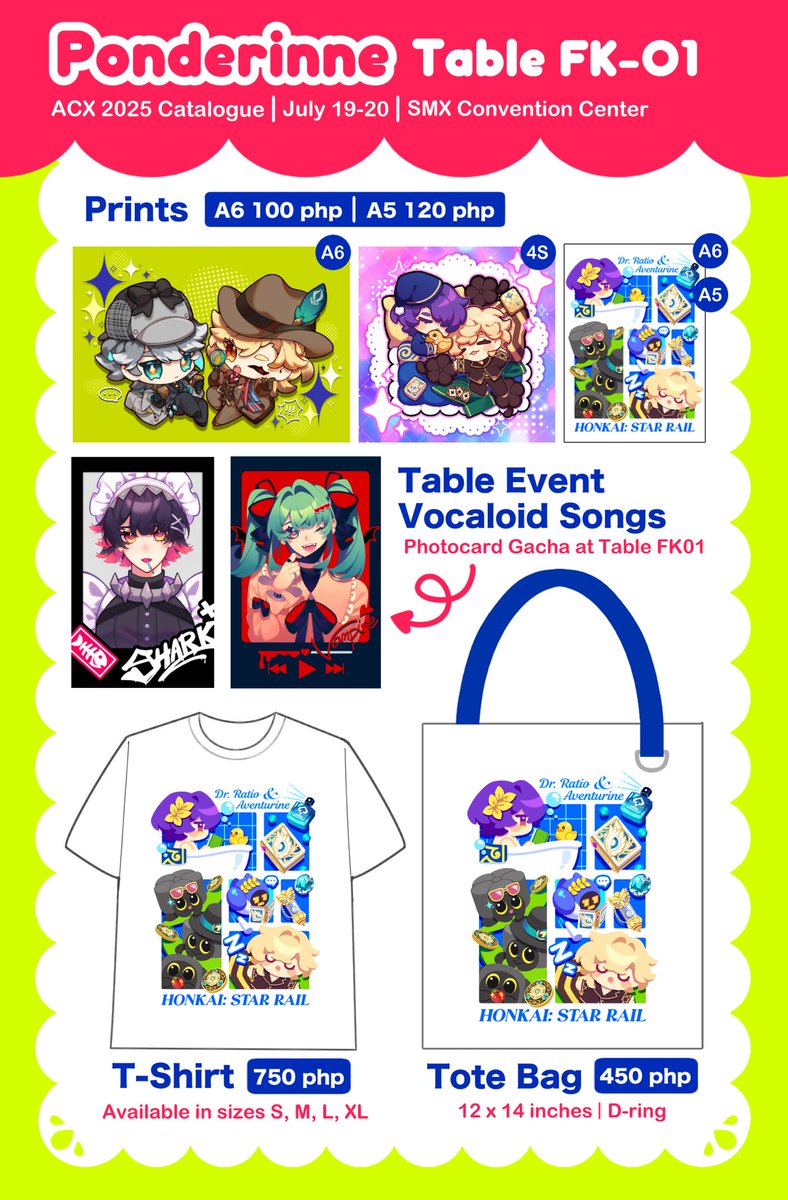 [RTs 💖]

Hello! Here is my catalogue for ACX 2025!✨

I’ll be tabling at FK-01 with friends and I’ll mostly have Honkai Star Rail, Genshin Impact, Alien Stage and By The Beat! 💚

See you this weekend! 💖

#ACX2025 
#FanFairAtACX2025