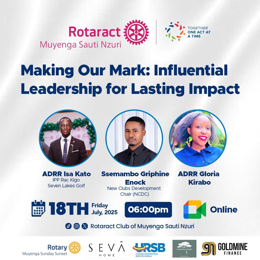 RAC_SautiNzuri's tweet image. Join us as we kick off the Rotary year in style, embracing influential leadership!
'Making Our Mark: Influential Leadership for Lasting Impact' 💡
🗓️ Friday 18th July, 2025
⏰ 6:00p.m
Online: meet.google.com/zxg-hnpq-vjs
#SautiNzuri 🌟👥
#UniteForGood 🌟👥
#TogetherOneActAtATime