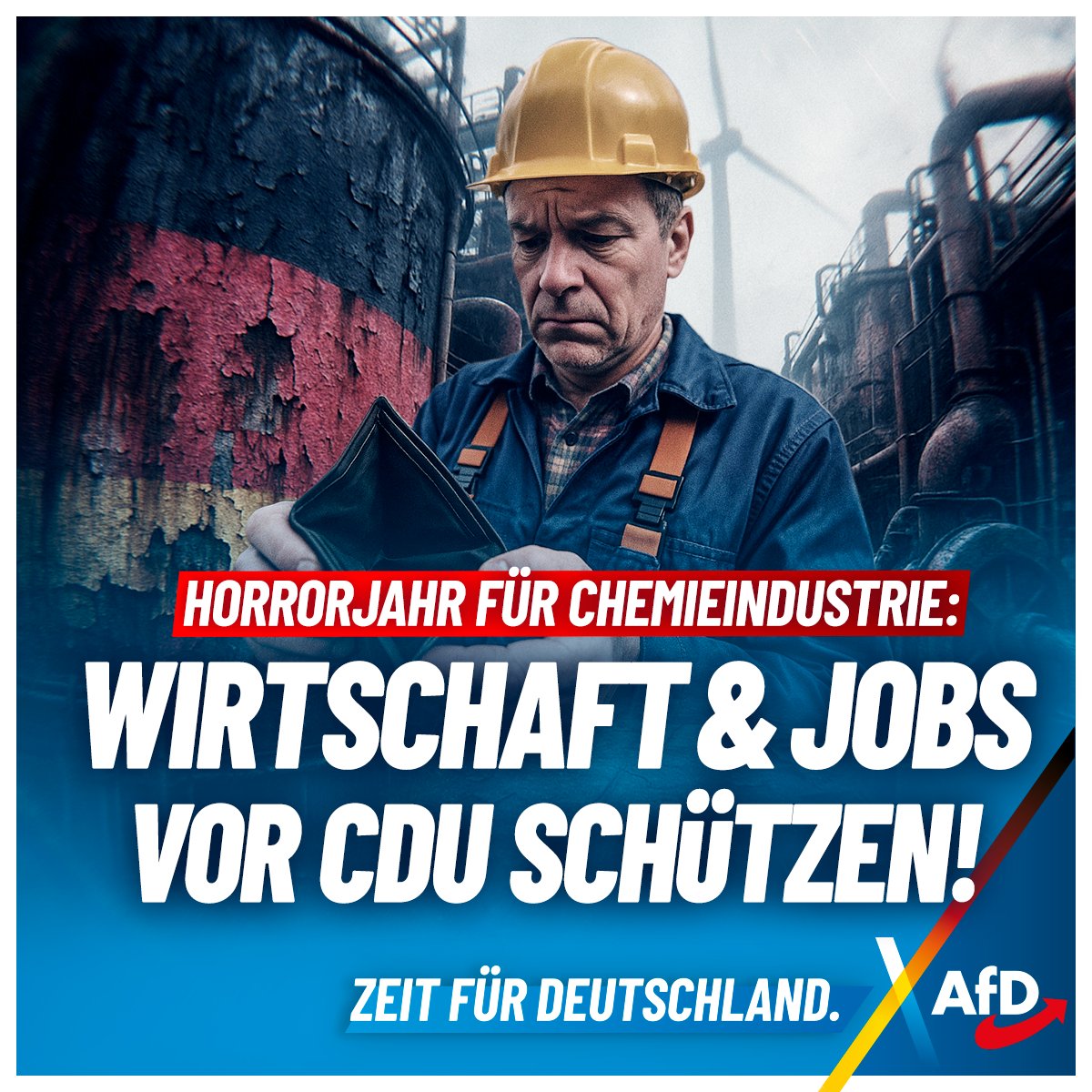 AfD's tweet image. +++ Horrorjahr für Chemieindustrie: Wirtschaft & Jobs vor CDU schützen! +++
Die dramatische Lage in der deutschen Chemieindustrie ist ein weiterer Beweis für das fortschreitende Versagen der politischen Eliten in Berlin und Brüssel! Während Betriebe schließen und Arbeitsplätze…