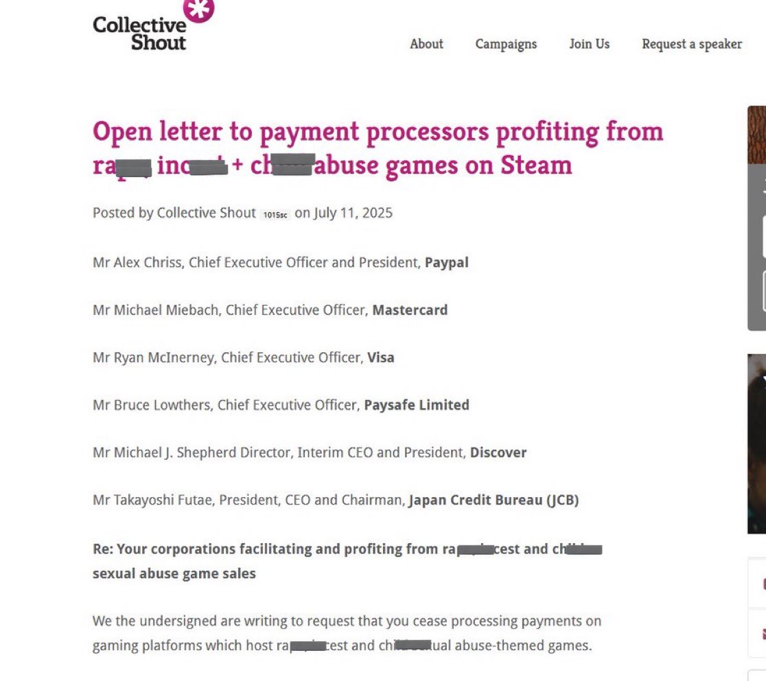 Collective Shout Feminist Group Open Letter to Payment Processors

They have admitted responsibility for censorship with payment processors for Steam and potentially other platforms.