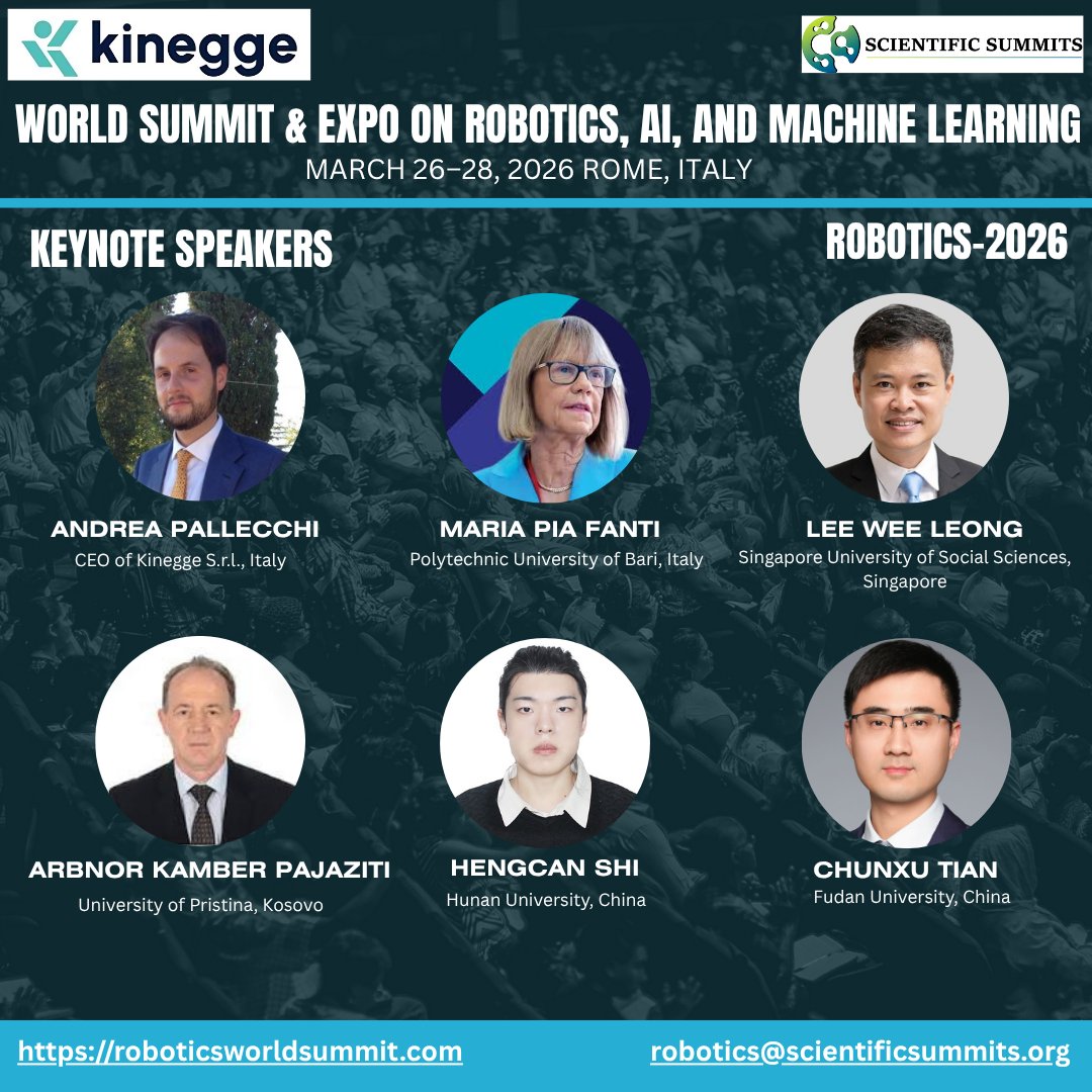 ROBOTICS2026's tweet image. 🚨 Join us at ROBOTICS-2026 – World Summit on Robotics, AI &amp;amp; ML!
🗓️ March 26–28, 2026
📍 Rome, Italy 🇮🇹
Meet global experts &amp;amp; innovators shaping the future!
🔗 roboticsworldsummit.com
#ROBOTICS2026 #AI #MachineLearning #Robotics