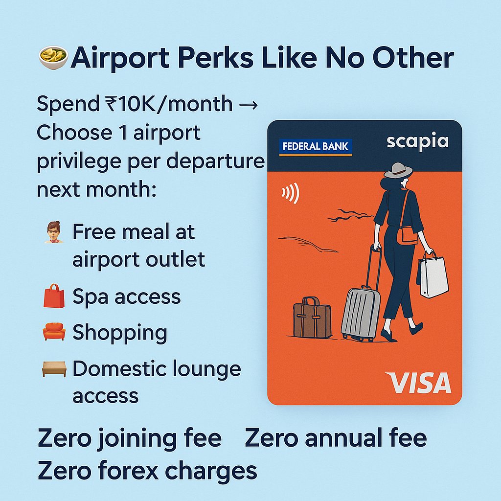 Hey! Unlimited lounge access and new airport privileges—free dining and shopping every time you fly, from coffee to headphones—all with no joining fee.
Since you travel so much, here's my link: apply.scapia.cards/landing_page?r…. You'll get 1000 coins too <a href="/cards_wizard/">Harshit Bohra | Cards Wizard</a>