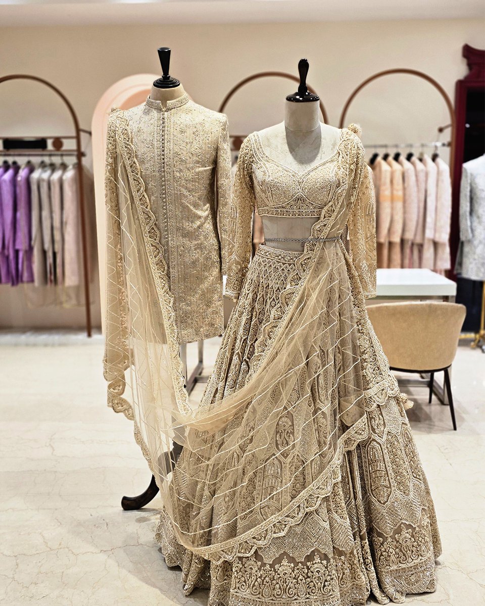 NeerusPriv34992's tweet photo. Ivory Tones ✨️

From the ivory gold lehenga with detailed threadwork to the matching jacket set, this look brings together fine craftsmanship and a clean, modern finish ✨️

Own the look that speaks your style 

#Neerus #NeerusFashion #NeerusPrivé #DesignerWear #Luxury https://t.co/bmloVCvTiz