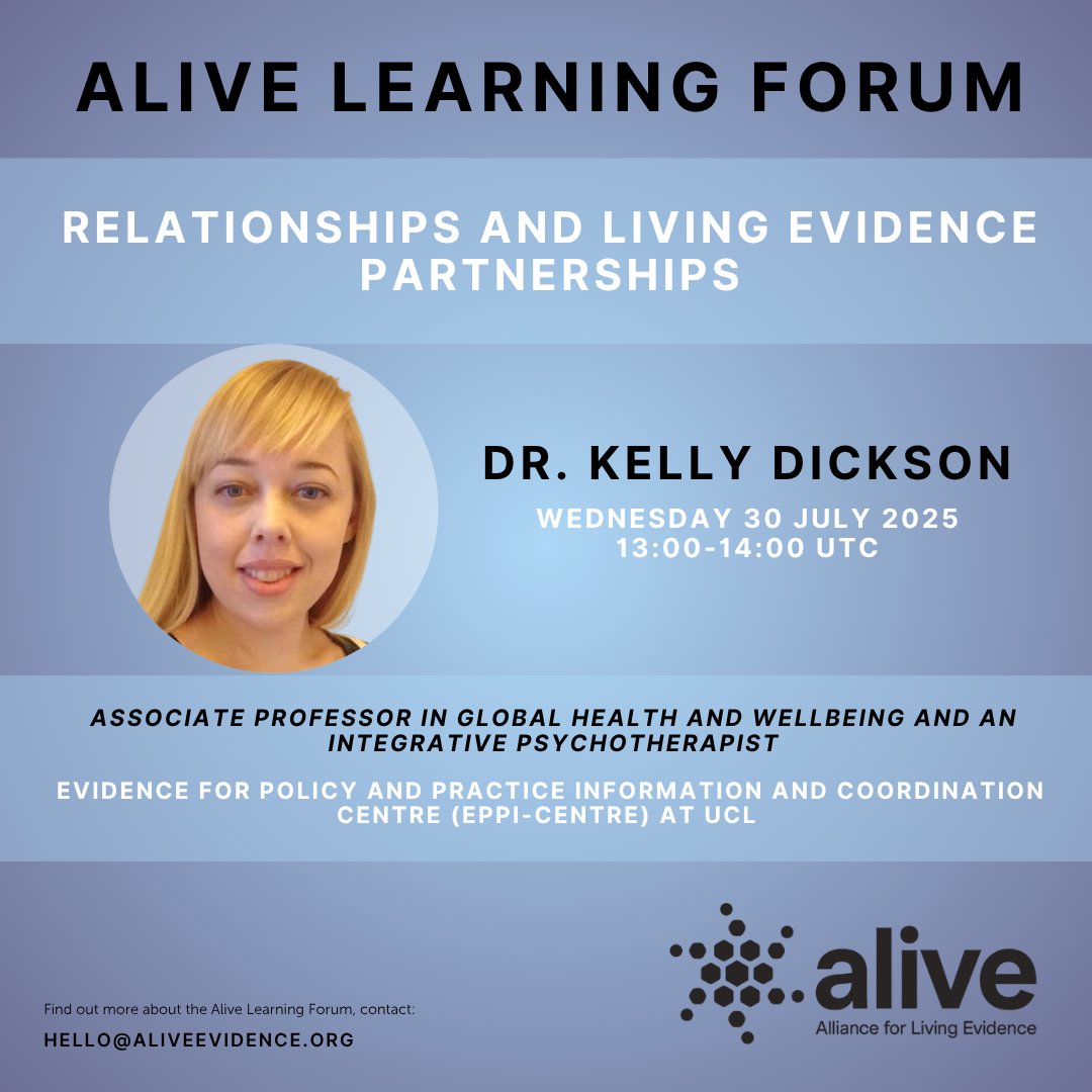 AliveEvidence's tweet image. Alive Learning Forum: Mental Health Edition
Dr Kelly Dickson, Global Health Expert and an Integrative Psychotherapist, will lead a discussion on Relationships and Living Evidence Partnerships.
🗓️ Tuesday 30 July | 13:00-14:00 UTC
🔗 Register here: us02web.zoom.us/j/81516448479