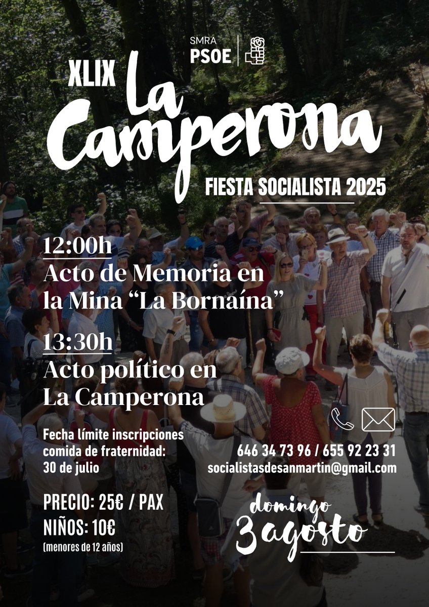 El 3 de agosto celebramos el tradicional acto político de #LaCamperona2025.

🕛 12:00 h – Acto de memoria en La Bornaína
🕜 13:30 h – Acto político en La Camperona

✊🏻🌹 Historia, compromiso y futuro en el corazón de las cuencas.
