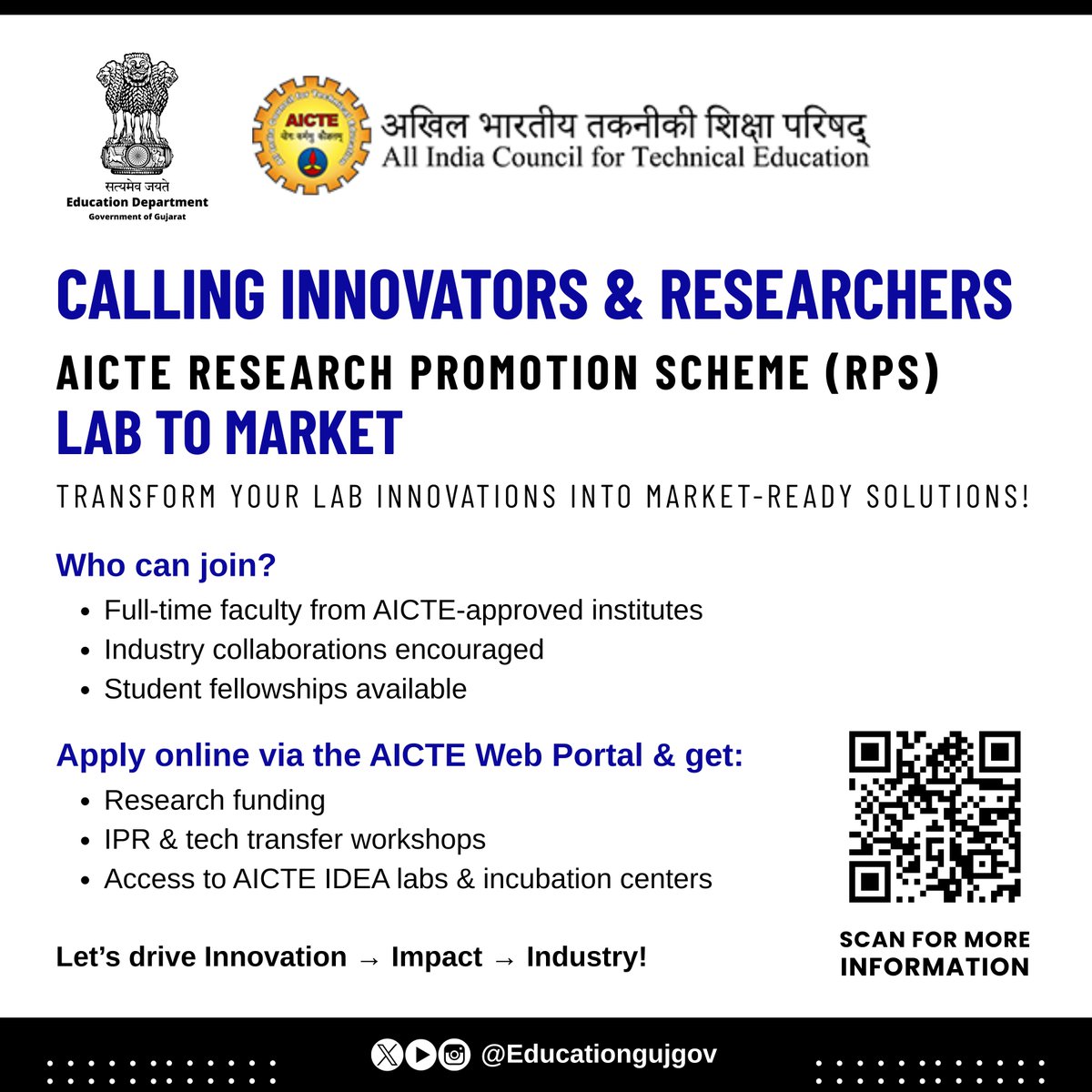 ✅ Calling Innovators &amp; Researchers!

🚀 AICTE Research Promotion Scheme (RPS) – Lab to Market

Transform your lab innovations into market-ready solutions!

🔬 Funding up to ₹50 Lakhs for projects

Let’s drive Innovation → Impact → Industry!

🔗 schemes.aicte-india.org

#AICTE