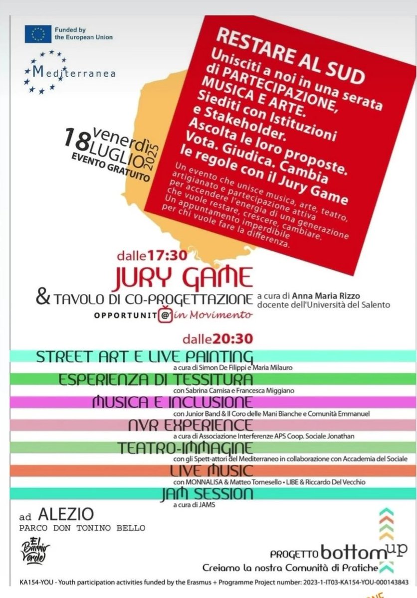 F_Spadafora's tweet photo. Ritorna ad Alezio Bottom Up, laboratorio di partecipazione e creatività giovanile, promosso da Mediterranea, nell’ambito del progetto europeo “KA154-YOU - Youth participation activities” finanziato dal programma Erasmus+

https://t.co/AT5erC9X5O https://t.co/Sy0jwIZKML