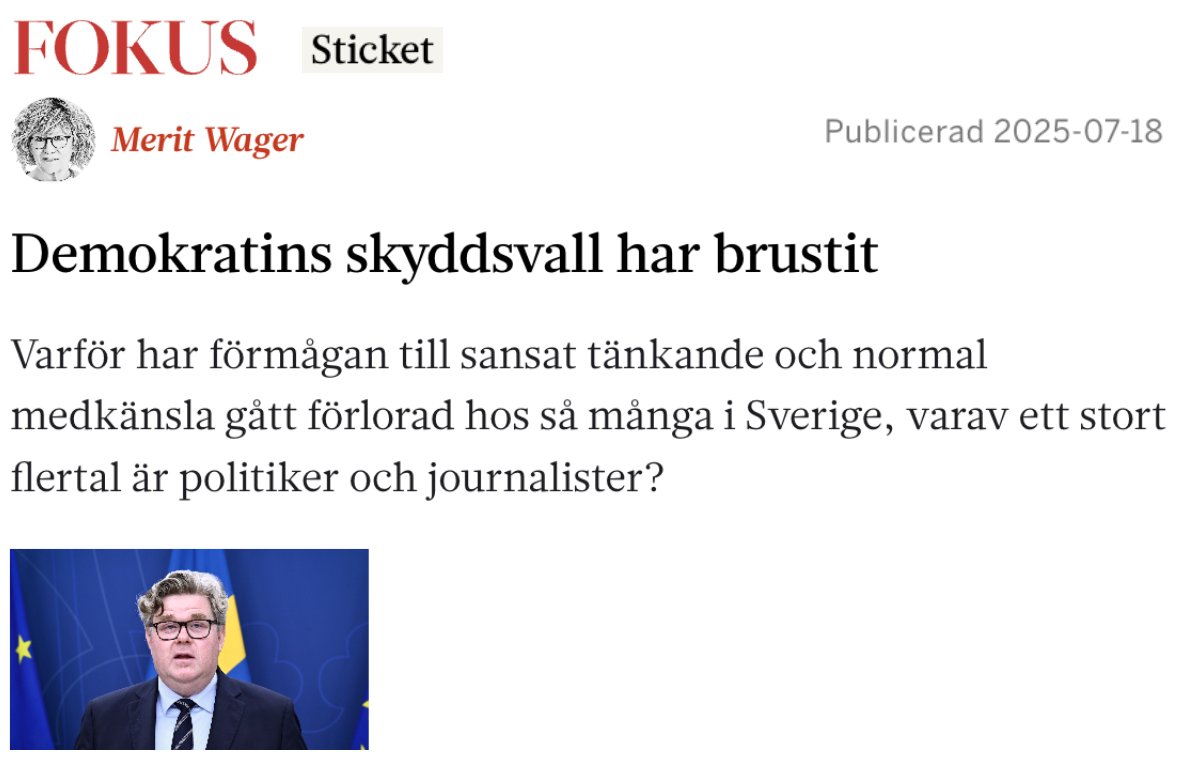 MeritWager's tweet image. Jag skriver i @FokusRedaktion Sticket idag.
Ur texten, ett citat av vad justitieminister Gunnar Strömmer sagt om jakten på migrationsminister Johan Forssells son:
"Att som många vuxna på vänsterkanten nu gör — jagar ett barn i syfte att komma åt en förälder politiskt — det är…