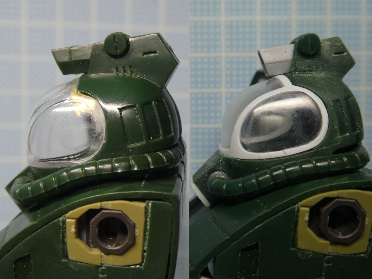 Yuji4096's tweet image. 頭部改修その2
キットのキャノピーが少しイメージと違ったので
エポパテで原型を作り透明プラ板でヒートプレスして
自作しました
前回作った頭頂部のカメラはボリューム不足に感じたので結局プラ板で作り直し😅
#ソルティック
#ラウンドフェイサー
#ダグラム