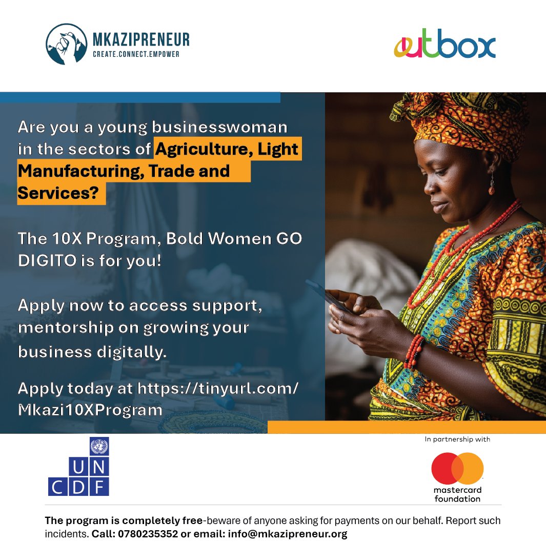mkazipreneur's tweet image. 🚀 Young women in Agriculture , Light manufacturing and Trade & services sectors, let’s support you to GO DIGITO in your business!
👉🏾 Apply now: tinyurl.com/Mkazi10XProgram
#10XDigitalEconomy #BoldWomenGoDigito #WomenInBusiness
@OutboxHub @MastercardFdn @UNCDF