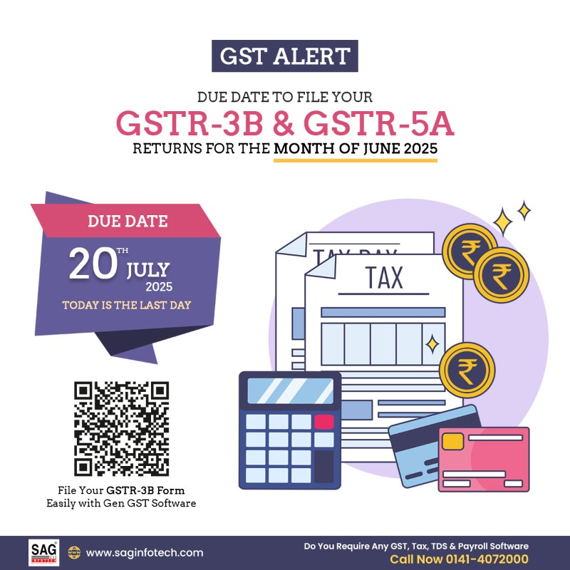 gsthelpline's tweet photo. Today is the Due date to file your GSTR-3B & GSTR-5A Return forms for June 2025.
#GSTReturnFiling #duedatetoday #duedatemonth #gstr3b #GSTR5A