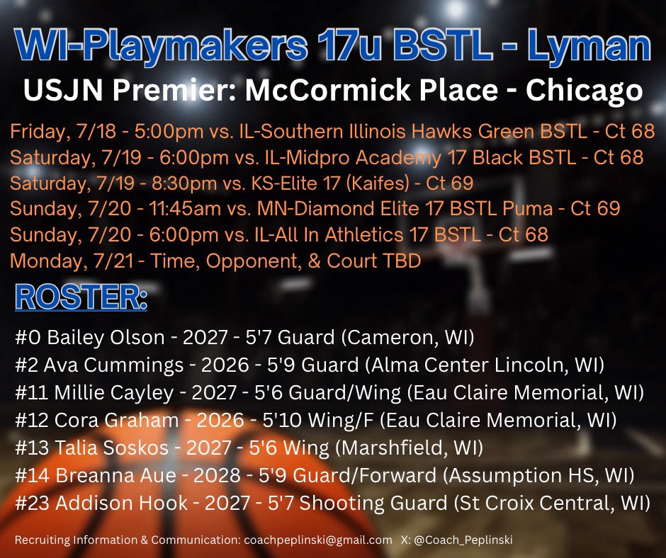 WI Playmakers 17U BSTL & 17U BSSL (@playmkrs17u) on Twitter photo 🚨⏰💙⭐️
👀 us on Lakeside Hall Courts for this final July LIVE Eval weekend!
<a href="/Shaw_Playmakers/">Coach Aaron</a>
<a href="/shelby_lyman12/">Shelby Lyman</a>
<a href="/playmkrsgirls/">Wisconsin Playmakers</a>
<a href="/Coach_Peplinski/">Coach Pep</a> 🚨⏰💙⭐️
👀 us on Lakeside Hall Courts for this final July LIVE Eval weekend!
<a href="/Shaw_Playmakers/">Coach Aaron</a>
<a href="/shelby_lyman12/">Shelby Lyman</a>
<a href="/playmkrsgirls/">Wisconsin Playmakers</a>
<a href="/Coach_Peplinski/">Coach Pep</a>