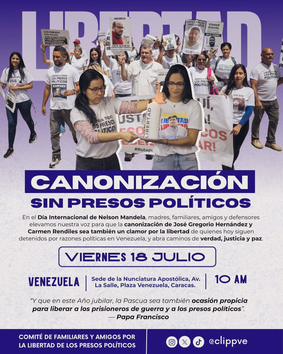 Oscar Murillo (@oscarfmurillo) on Twitter photo Un clamor nacional por la libertad de las personas detenidas por razones políticas en #Venezuela
Hoy acompañaremos a los familiares en este justo reclamo organizado por el <a href="/clippve/">Comité por la Libertad de los Presos Políticos.</a>
#CanonizaciónSinPresosPolíticos Un clamor nacional por la libertad de las personas detenidas por razones políticas en #Venezuela
Hoy acompañaremos a los familiares en este justo reclamo organizado por el <a href="/clippve/">Comité por la Libertad de los Presos Políticos.</a>
#CanonizaciónSinPresosPolíticos
