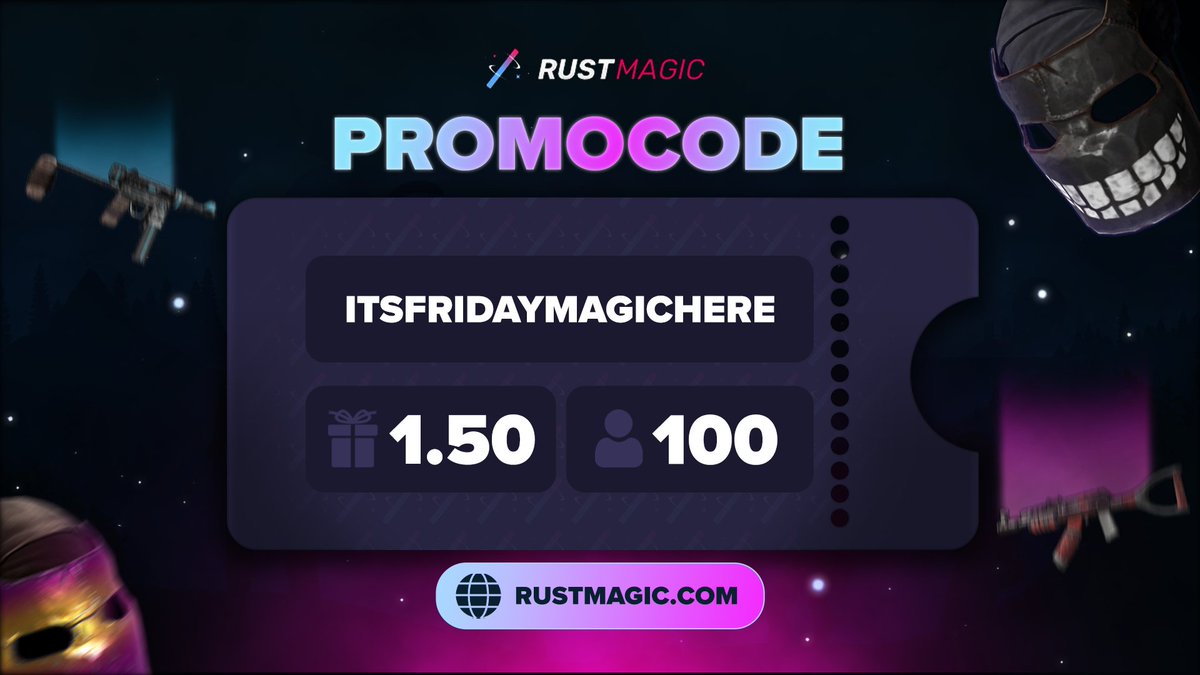 New promo is LIVE ! ✨ 

Use a code "itsfridaymagichere" and earn 1.50$ on your Rustmagic account.

Must be level 10 and made a deposit in the last 10 days.