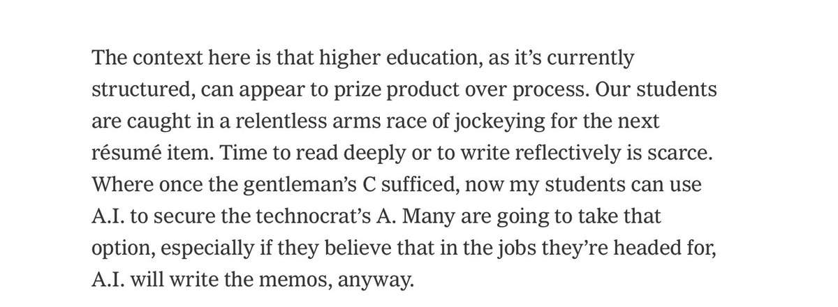 cwellmon's tweet image. The context of higher ed is everything when it comes to the AI chatter. If higher ed is transactional, then it’d be irrational for students to choose not to take full advantage of ChatGPT. Output is output & a university just another means to another end nytimes.com/2025/07/18/opi…