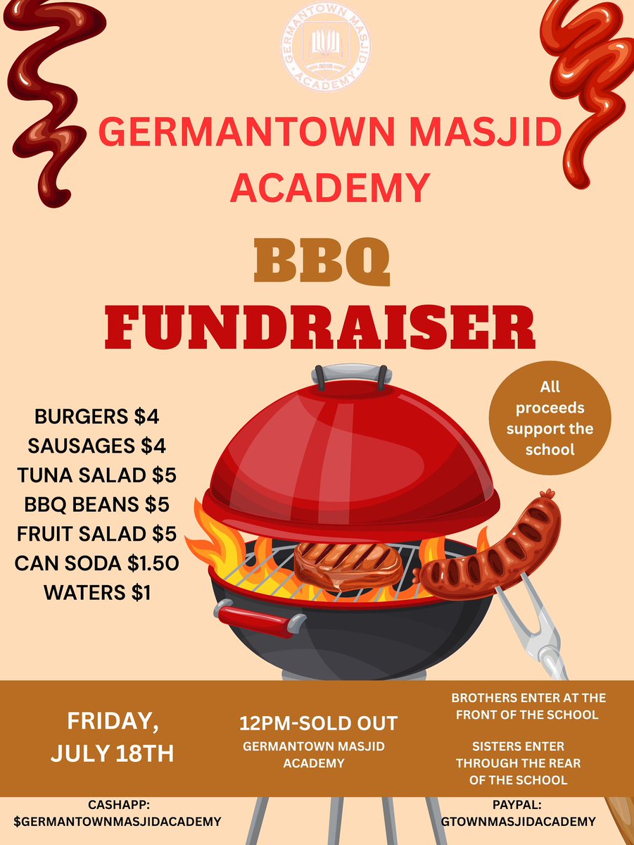 gtma_info's tweet image. 📣 Fundraising Event
Ways to support:
📍 Come by and grab a bite to eat
📍 If you are not in the area, purchase and donate to someone
📍 Share this post
Cashapp: $germantownmasjidacademy
PayPal: gtownmasjidacademy
Stay tuned for upcoming fundraiser events