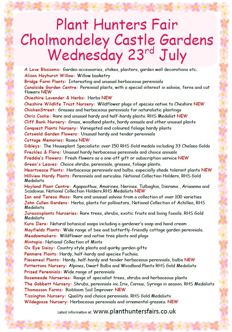 Looking forward to <a href="/CholmondeleyCas/">Cholmondeley Castle Gardens</a> #plantfair on Weds 23 July. A great line up nurseries are coming!