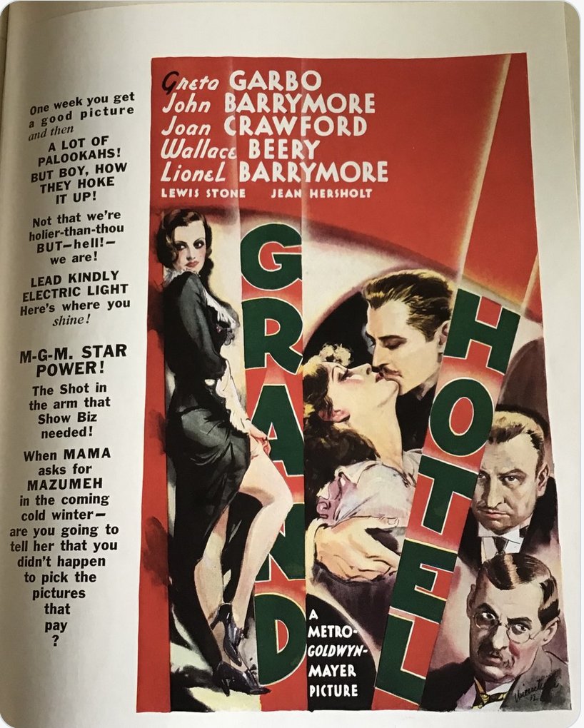 agmacor's tweet image. Archival find: A promo poster for #MGM's GRAND HOTEL within a 16-page spread about the studio as top earner, in a 1932 issue of #FortuneMagazine. #TCMParty #OldHollywood #research