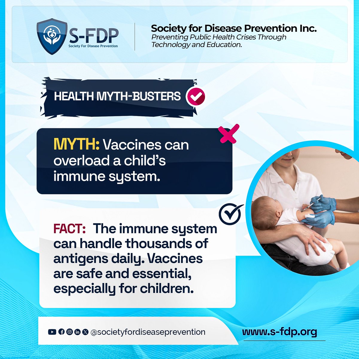disease_society's tweet image. #Vaccines do not overwhelm the immune system; they train it. They help the immune system grow stronger and wiser, just as a gym workout builds the body.
Vaccines help build protection against deadly diseases. So, vaccinate your child today for a disease-free tomorrow!