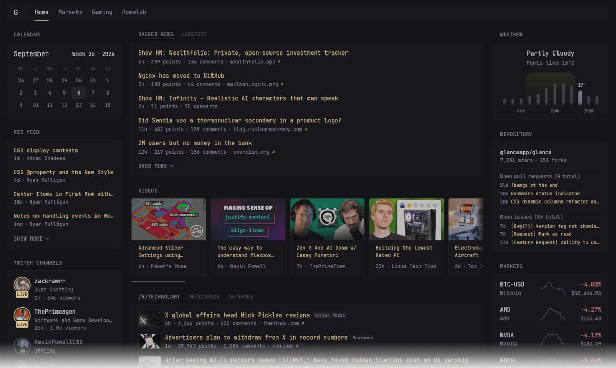 🏖️🐻 Les Logiciels Libres de l'été, jour 28 :

Glance : un tableau de bord auto-hébergé et Open Source qui centralise tous vos flux en un seul endroit. Parfait pour suivre les RSS, Reddit, YouTube, météo, et bien plus. Optimisé pour la mobilité, léger et rapide.
