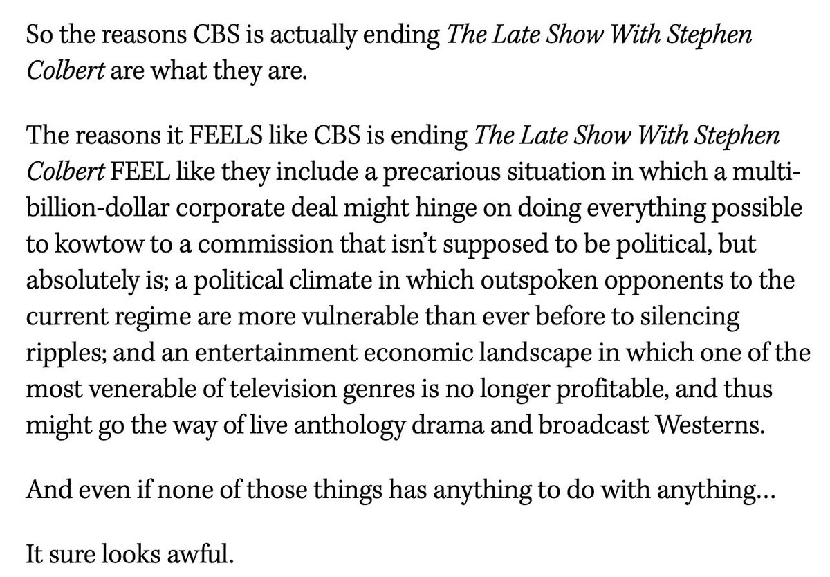 mehta_critic's tweet image. acchhe din
"Critic’s Notebook: The Awful Optics of CBS Canceling ‘The Late Show With Stephen Colbert’" by Daniel Feinberg
hollywoodreporter.com/tv/tv-reviews/…