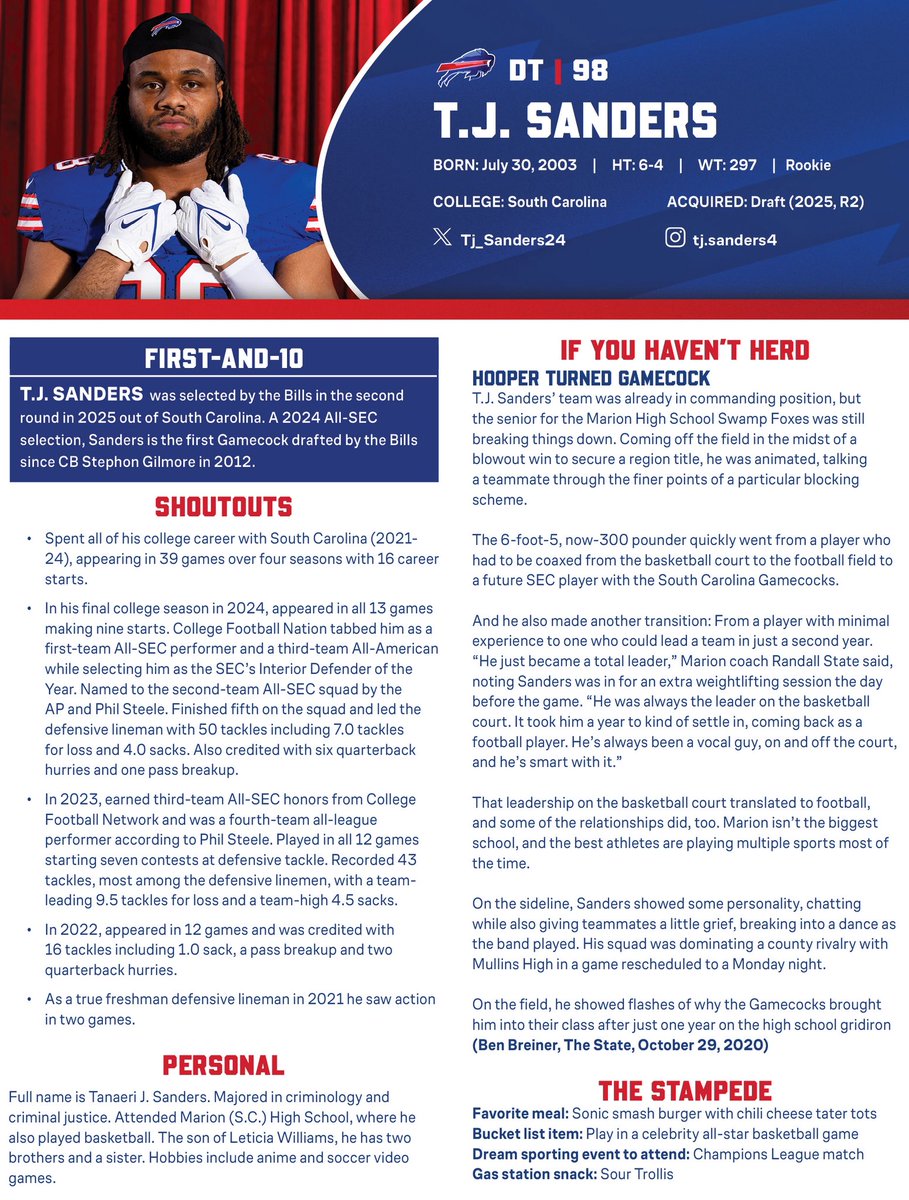 BuffaloBillsPR's tweet image. Signed draft pick DT T.J. Sanders (second round, 41st overall).
