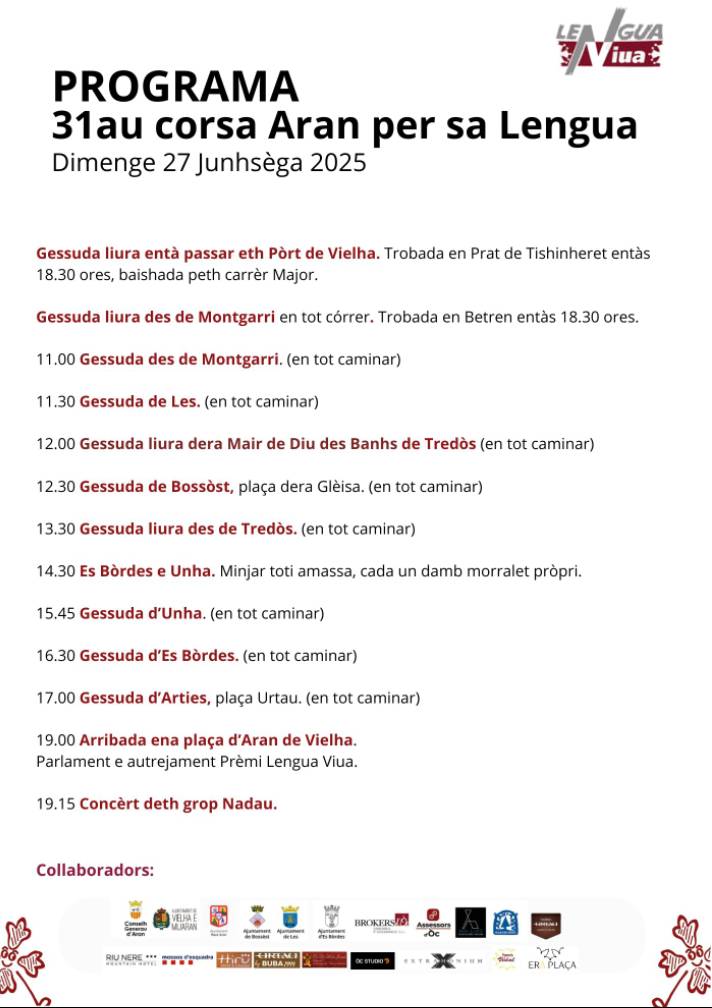 🗓️Eth dimenge 27 de junhsèga de 2025, era Val d’Aran ère, un an de mès, un país en movement pera lengua 👅. 

🏃‍♀️🏃‍♂️Era corsa Aran per sa Lengua ei ua manifestacion revendicatiua ena quau fòrça aranesi trauèrsen era Val, a pè o en tot córrer.

#LenguaViua #AranPerSaLengua