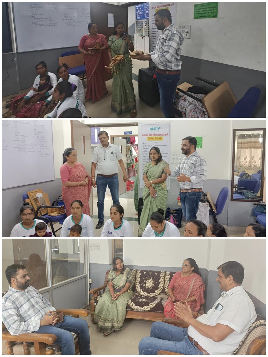 ગત તથા આજ રોજ IAS(પ્રોબેશનરી ઓફિસર)શ્રી  વૃષાલિ કાંબલે મેડમ,રાજકોટ DLM શ્રી વિરેન્દ્ર  બસિયા સર,ઇન્ચાર્જ TLM શ્રી તૃપ્તિબેન દ્વારા Rseti ખાતે રાજકોટ તાલુકાના બહેનો માટે આયોજિત લાકડાના રમકડા બનાવાની તાલીમની મુલાકાત તેમજ શ્રીજી ગૌશાળા દ્વારા ગોબર માંથી બનતી વસ્તુ વિશે માહિતી મેળવી