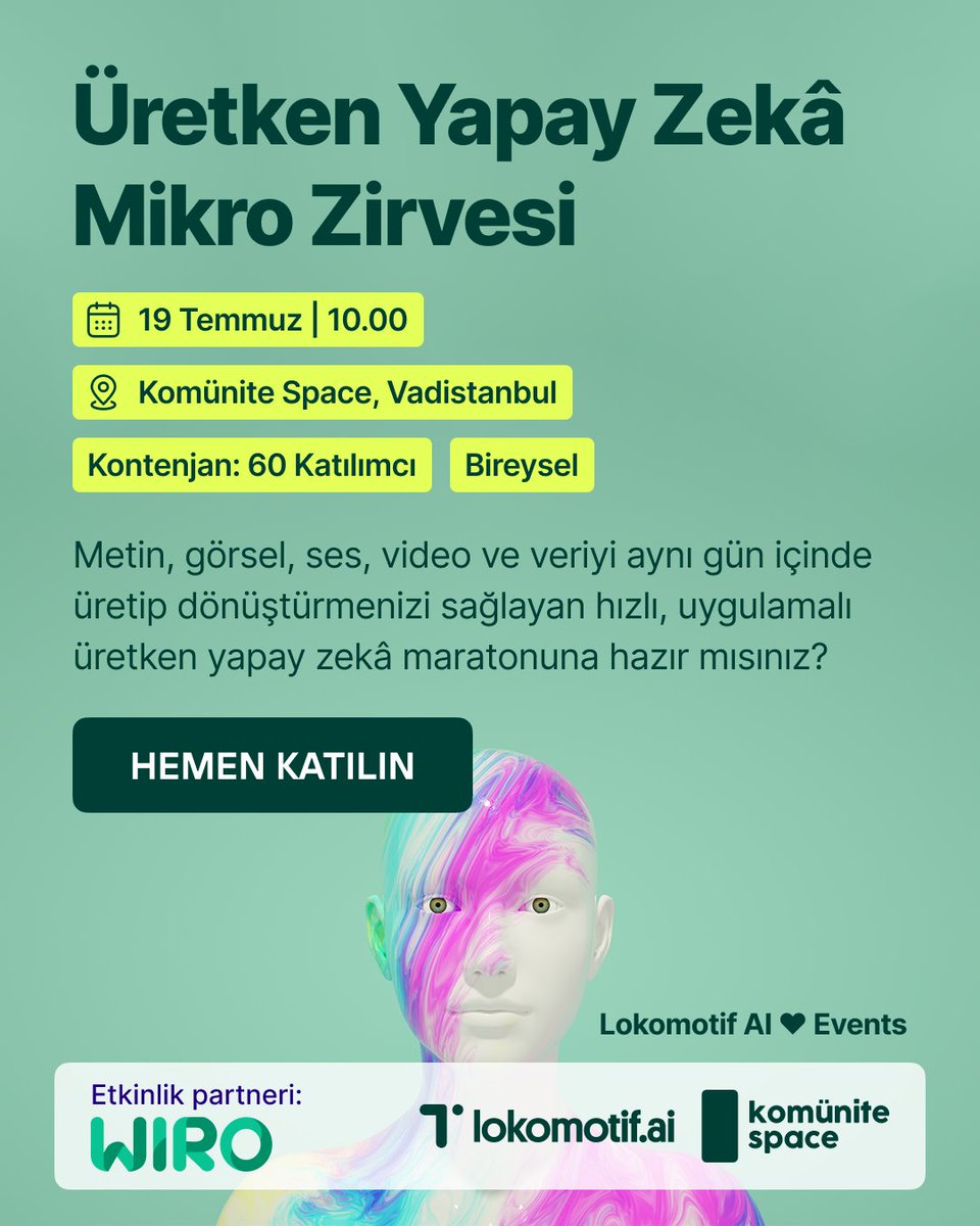 komunitecomtr's tweet image. Alanında uzman konuşmacılarımız ile bir tam günde üretken yapay zekânın her yönünü uçtan uca ele alacağımız Üretken Yapay Zekâ Mikro Zirvesi'nin üçüncüsü yarın, 19 Temmuz'da!
Konuşmacılarımız:
— @fatihguner: Üretken Yapay Zeka Okuryazarlığı ve Prompt Mühendisliği
— @gokbeyinac:…