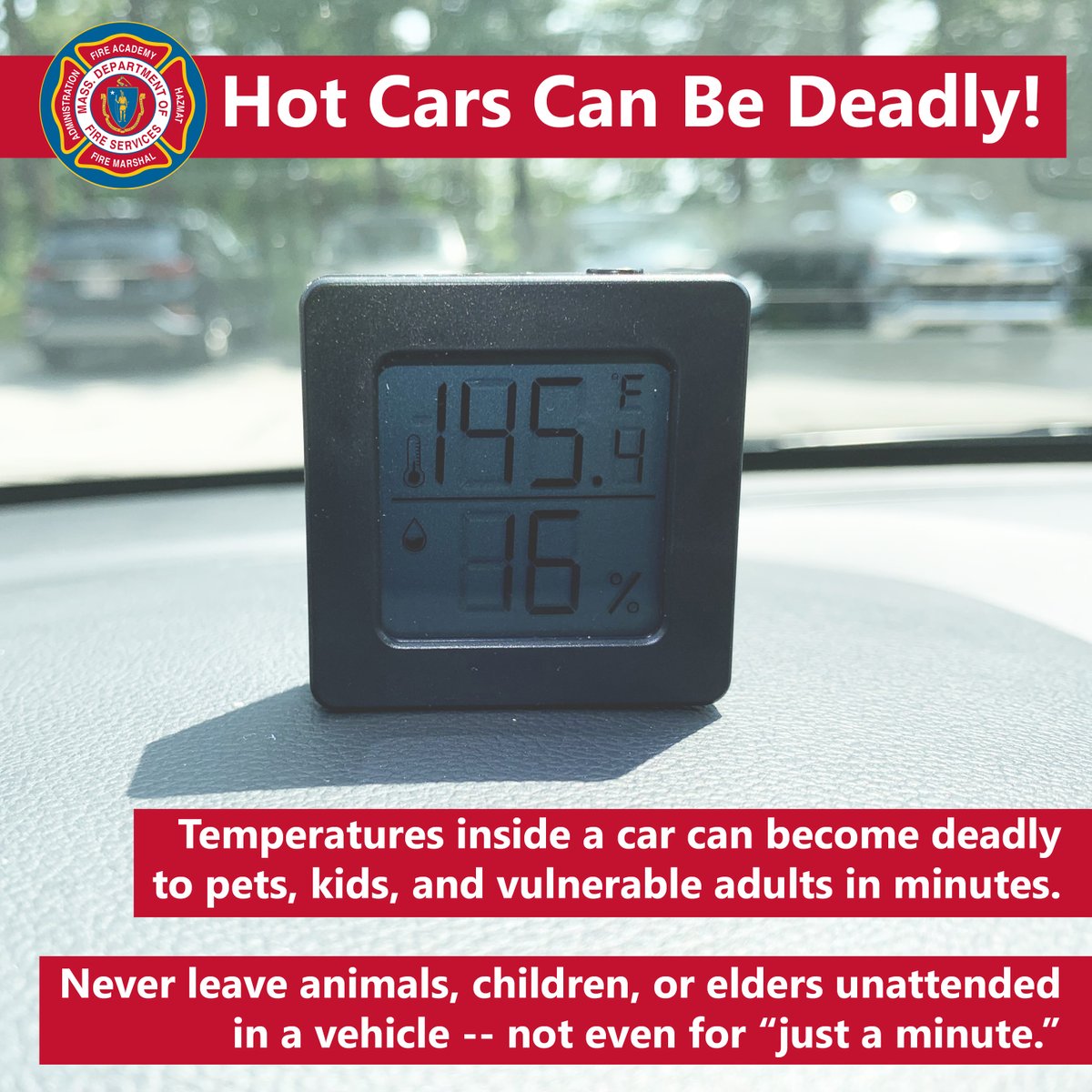 MassDFS's tweet image. The worst of this week's heat is behind us, but as we head into the weekend remember that temps inside a car can become deadly to kids, pets, & vulnerable adults in minutes. Never leave them unattended in a vehicle -- not even w/ the window cracked, not even for "just a minute."