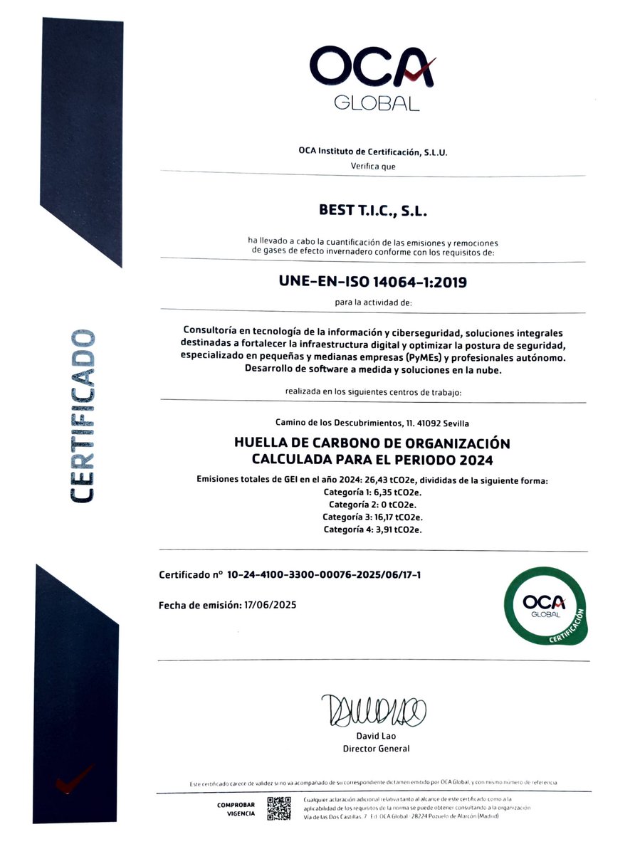 best_tic's tweet photo. Nos complace compartir la noticia de que acabamos de obtener la certificación ISO 14064, sobre nuestra Huella de Carbono, con unos resultados excelentes.

Comprometidos con nuestro entorno. https://t.co/RUCU3dxOYy