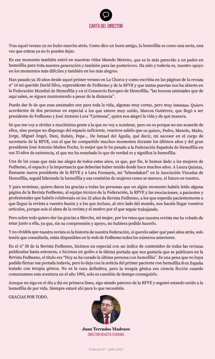 Juan Terrados Madrazo (@juanterra2) on Twitter photo Atención a vuestros buzones, ya está en camino el n°87 de la Revista <a href="/fedhemo/">FEDHEMO - Hemofilia</a> con información de la Asamblea Nacional celebrada en Oviedo, las novedades en los cargos de la <a href="/RFVE_hemofilia/">Real Fundación Victoria Eugenia</a> y mi carta de agradecimiento, ya que es mi última revista como director.
Gracias por todo. Atención a vuestros buzones, ya está en camino el n°87 de la Revista <a href="/fedhemo/">FEDHEMO - Hemofilia</a> con información de la Asamblea Nacional celebrada en Oviedo, las novedades en los cargos de la <a href="/RFVE_hemofilia/">Real Fundación Victoria Eugenia</a> y mi carta de agradecimiento, ya que es mi última revista como director.
Gracias por todo.