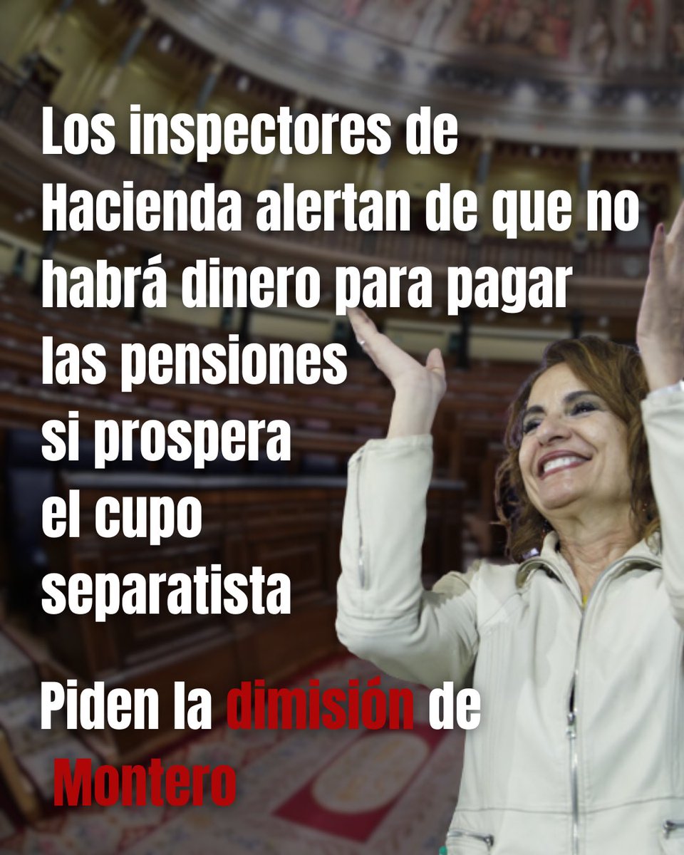 🔴 Los inspectores de Hacienda alertan de que no habrá dinero para pagar las pensiones si prospera el cupo separatista.

No todo vale por contentar al independentismo y seguir en el poder.