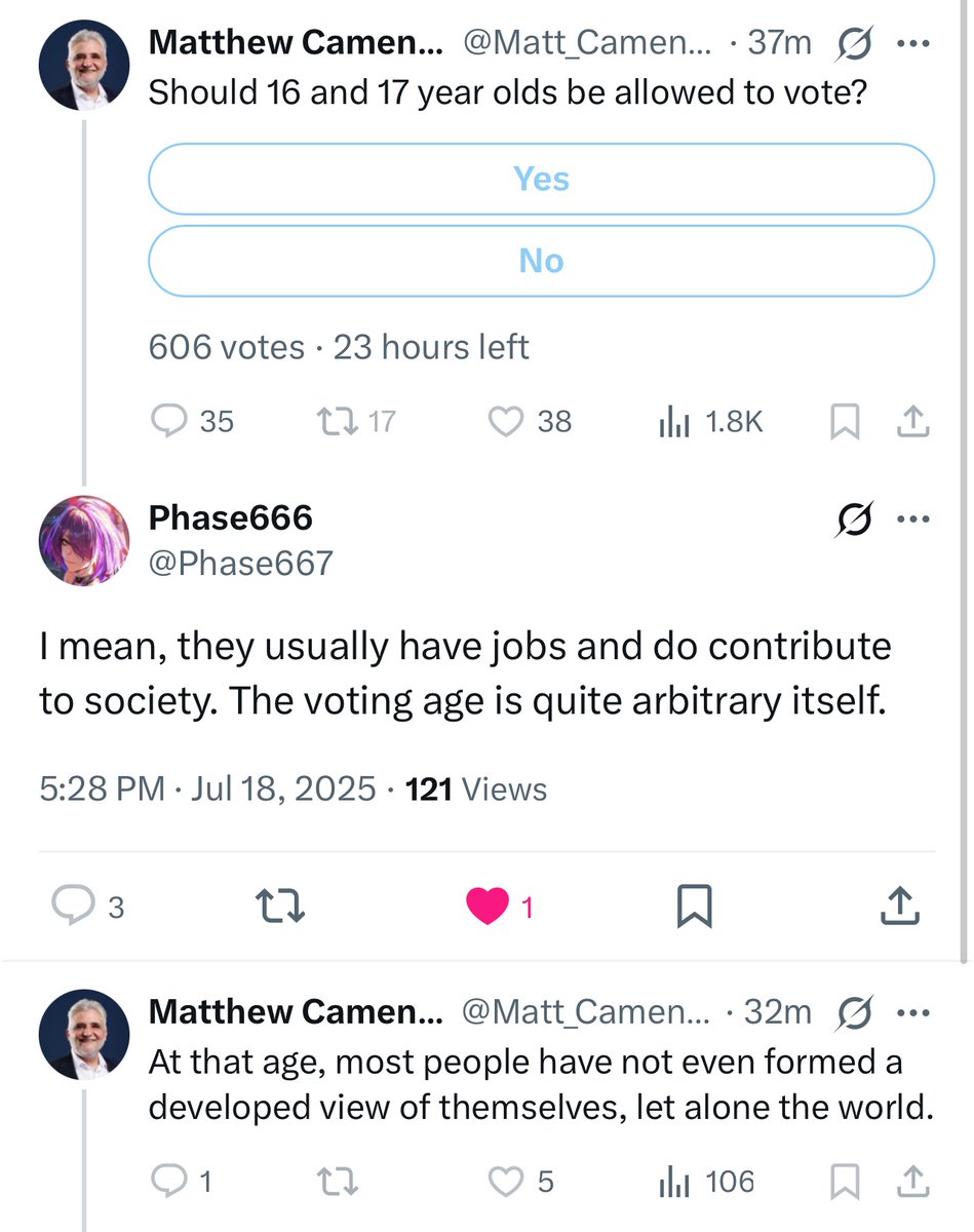 Matthew whatshisname is a disgraced libertarian and disinformation peddler. His entire worldview is build on lies and blind ideology and I firmly believe the typical 16 year old is a far more rigorous thinker and qualified voter than him.