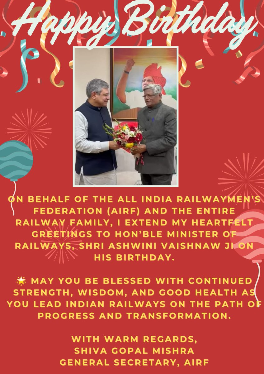 Shiva Gopal Mishra (@shivagopalmish1) on Twitter photo Wishing Shri <a href="/AshwiniVaishnaw/">Ashwini Vaishnaw</a> Ji a birthday filled with health, strength, and continued success. Wishing Shri <a href="/AshwiniVaishnaw/">Ashwini Vaishnaw</a> Ji a birthday filled with health, strength, and continued success.
