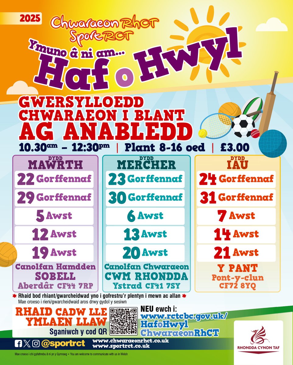 🏀Gwersylloedd Aml-chwaraeon i bobl ag anableddau 🏐

Mae modd cadw lle o hyd ar gyfer y sesiynau canlynol yr wythnos nesaf..

🟡 Aberdâr 10:30am
🟠 Ystrad 10:30am
🟡 Pont-y-clun 10.30am

Am fanylion llawn neu i gadw lle, ewch i orlo.uk/vHuxa