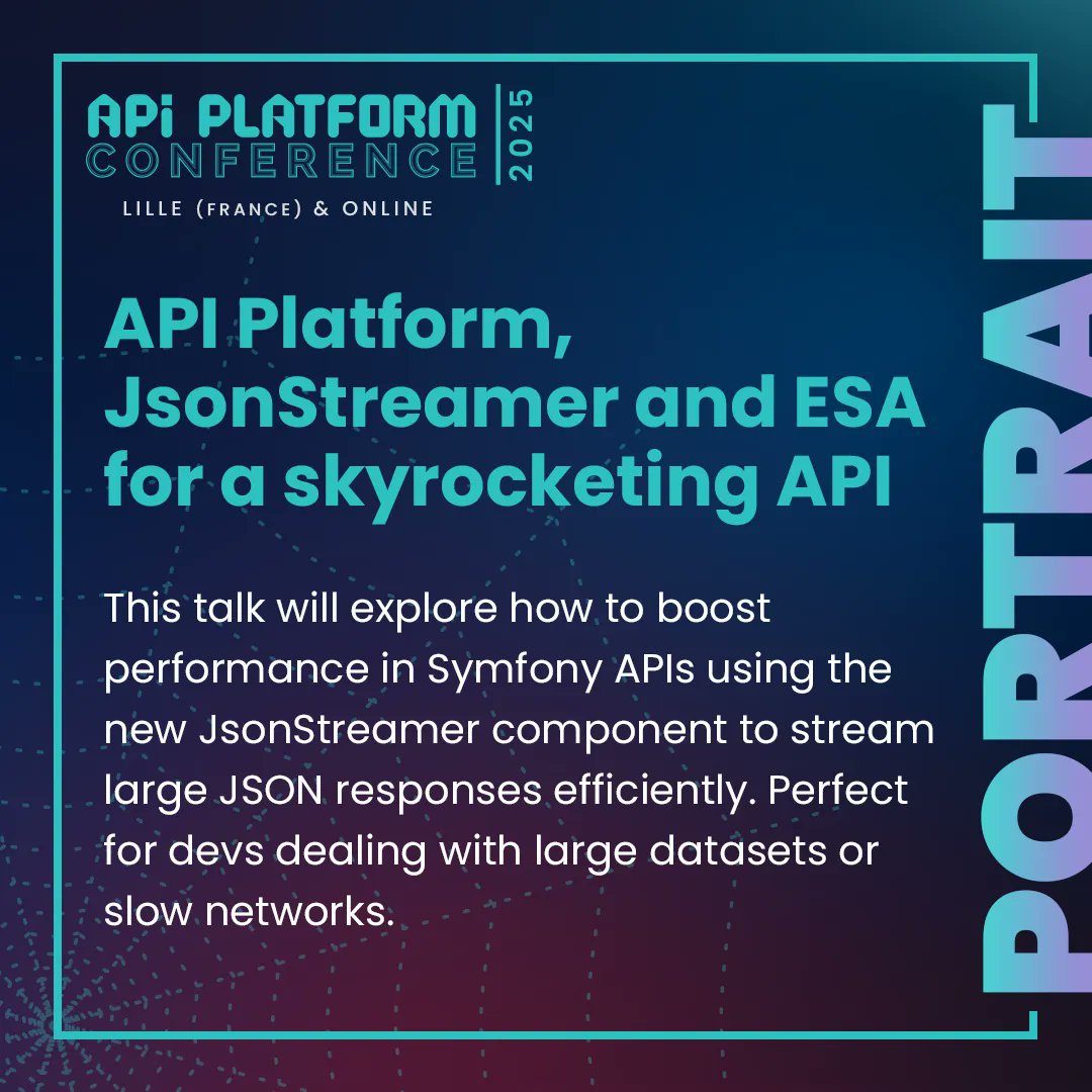 ApiPlatform's tweet image. 🚨 #APIPlatformCon 2025 speaker reveal! Don't miss @matarld's talk scheduled in September about how to boost performance in Symfony APIs using the new JsonStreamer component to stream large JSON responses efficiently: api-platform.com/con/2025/
