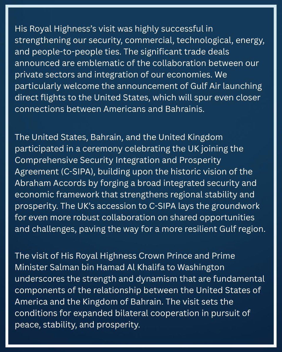 USEmbassyManama's tweet image. Statement by Ambassador Steven C. Bondy on the visit of His Royal Highness the Crown Prince and Prime Minister of the Kingdom of Bahrain to Washington, D.C. #USAinBahrain