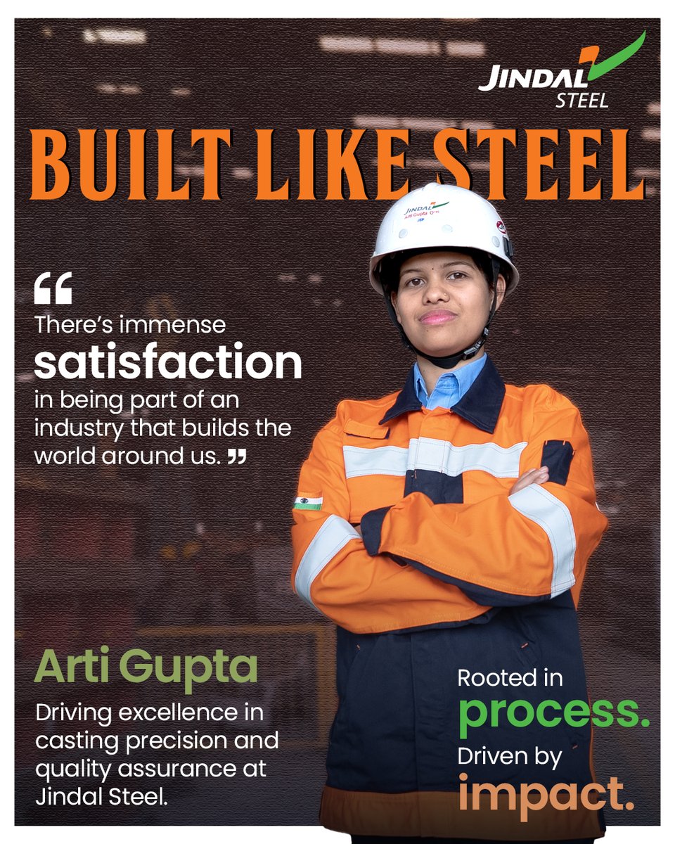 JindalSteel_In's tweet photo. At Jindal Steel, Arti Gupta is reshaping the shop floor with precision and purpose.
From shift ops to quality checks, she leads with quiet command and sharp focus.
Arti is not just part of the system. She’s strengthening it.
#BuiltLikeSteel #LifeAtJindal #SteelOfIndia https://t.co/r6qJlqTTRZ