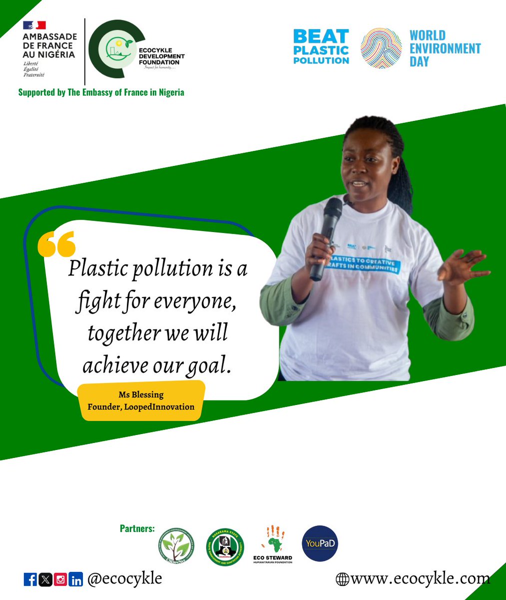 ecocykle's tweet image. "Plastic pollution is a fight for everyone — and together, we will win it."
- Ms. Blessing, Founder Looped Innovation
Let’s continue to #BeatPlasticPollution by turning waste into resources and raising awareness in our communities.
#Uke2025
#BeatPlasticPollution