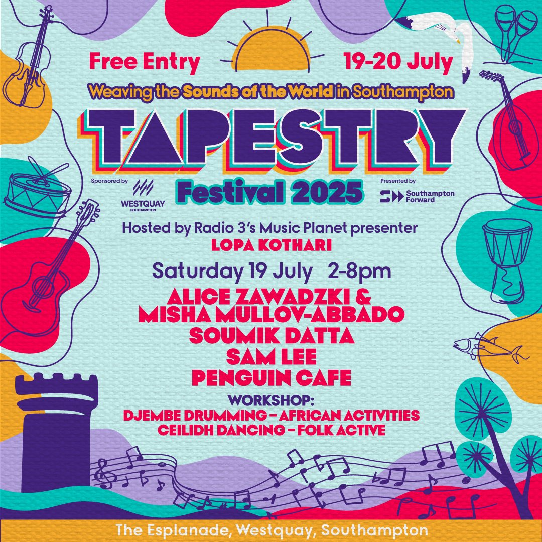 Westquay's tweet photo. 🎊 Join us THIS WEEKEND for @tapestry_festival, a completely FREE music festival on The Esplanade at Westquay 🎊

🗓️ Saturday 19 &amp; Sunday 20 July 2025
📌 The Esplanade, Westquay, Southampton
⏰ 2PM-8PM 

Explore the full programme and plan your weekend: https://t.co/CYfuG0LFEN https://t.co/XOVAftpxyz