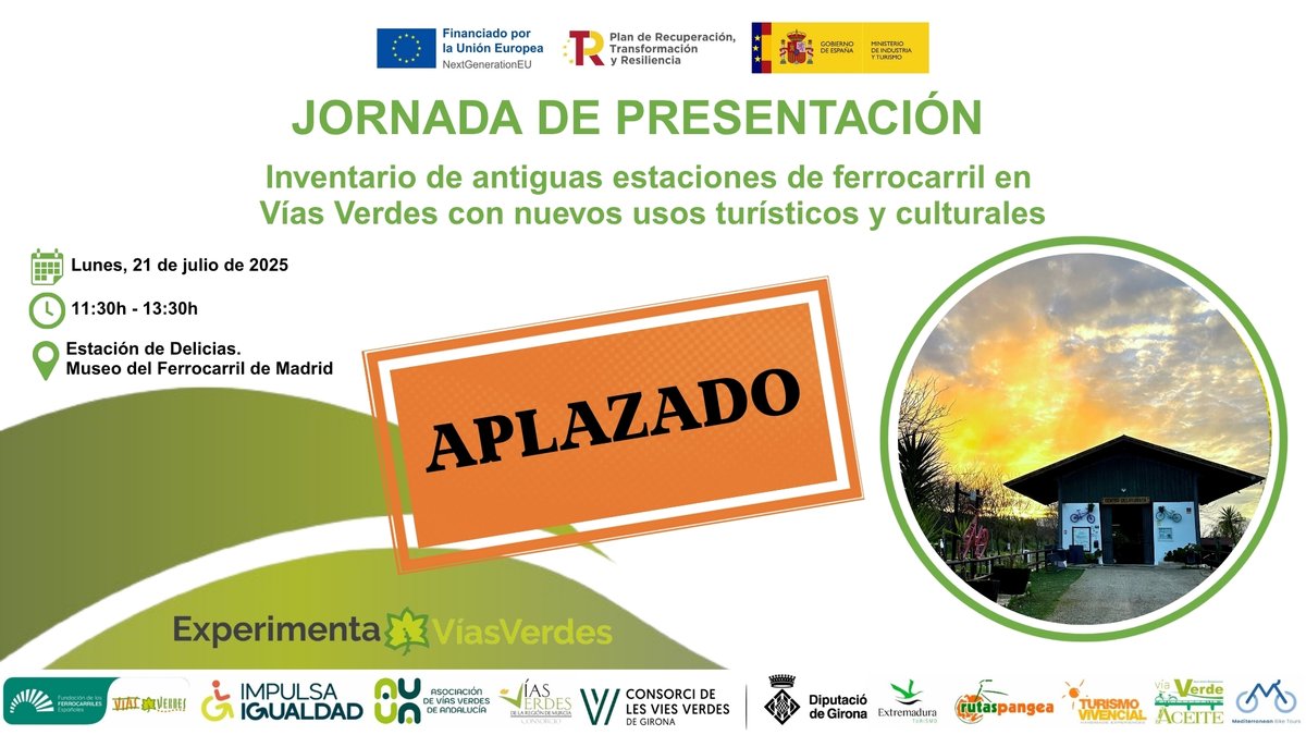 viasverdes_ffe's tweet image. Lamentamos comunicar que por cuestiones sobrevenidas y ajenas a la @ffe_es la Jornada Presentación “Inventario de antiguas Estaciones de ferrocarril en Vías Verdes con nuevos usos turísticos y culturales" del 21/07 en el @M_Ferrocarril ha quedado aplazada. Sentimos las molestias.