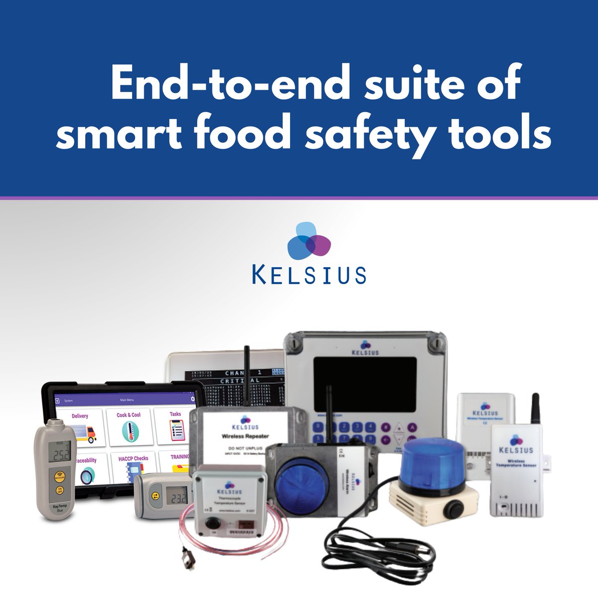 Kelsius provides an end-to-end suite of smart food safety tools: 
📡 Wireless Temperature Sensors 
🌡️ Bluetooth Thermometers
🖨️ Label Printers 
📲 Samsung Tablets 
📦 Network Controllers 
📈 Web Dashboard &amp; Reporting 

📞 UK: +44 (0)2045 799 048 | IRL: 074 916 2982