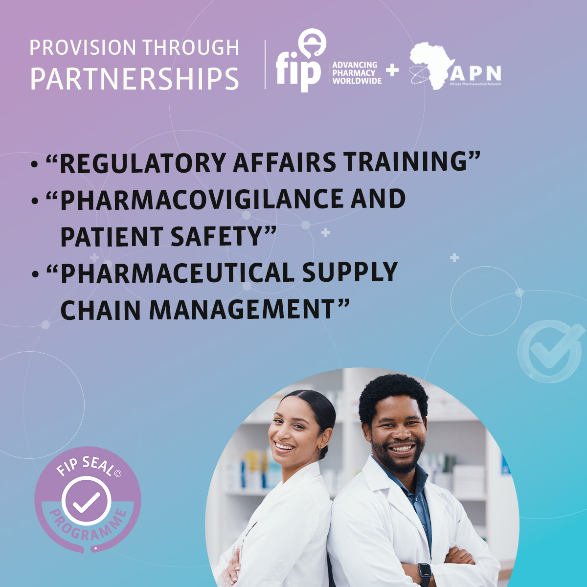 FIP_org's tweet image. Explore FIP-Seal approved courses by @AfricanPharmaN
Regulatory Affairs (Enrolt: Now – 4 Aug ), Pharmaceutical Supply Chain Management (Enrol: 1 August – 4 Sept) &
Pharmacovigilance & Patient Safety (Enrol: 21 July – 26 Aug). Register here: africanpharmanetwork.net/our-services/