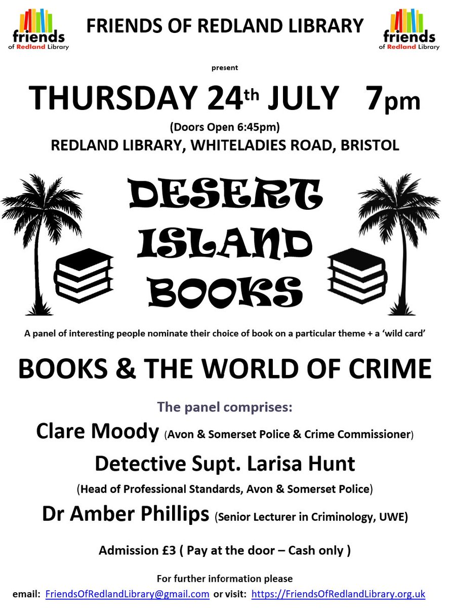 Redland Library Events (@redlandlibevent) on Twitter photo π£ Next Thursday - Friends of Redland Library event
π Thursday 24th July 7pm (Doors open 6:45pm)
π Desert Island Books - Books & the World of Crime
π #RedlandLibrary #Bristol
π Admission Β£3 (Pay at the door - Cash only)
<a href="/FORedlandLib/">Friends of Redland Library</a> <a href="/BristolLibrary/">Bristol Libraries</a> π£ Next Thursday - Friends of Redland Library event
π Thursday 24th July 7pm (Doors open 6:45pm)
π Desert Island Books - Books & the World of Crime
π #RedlandLibrary #Bristol
π Admission Β£3 (Pay at the door - Cash only)
<a href="/FORedlandLib/">Friends of Redland Library</a> <a href="/BristolLibrary/">Bristol Libraries</a>