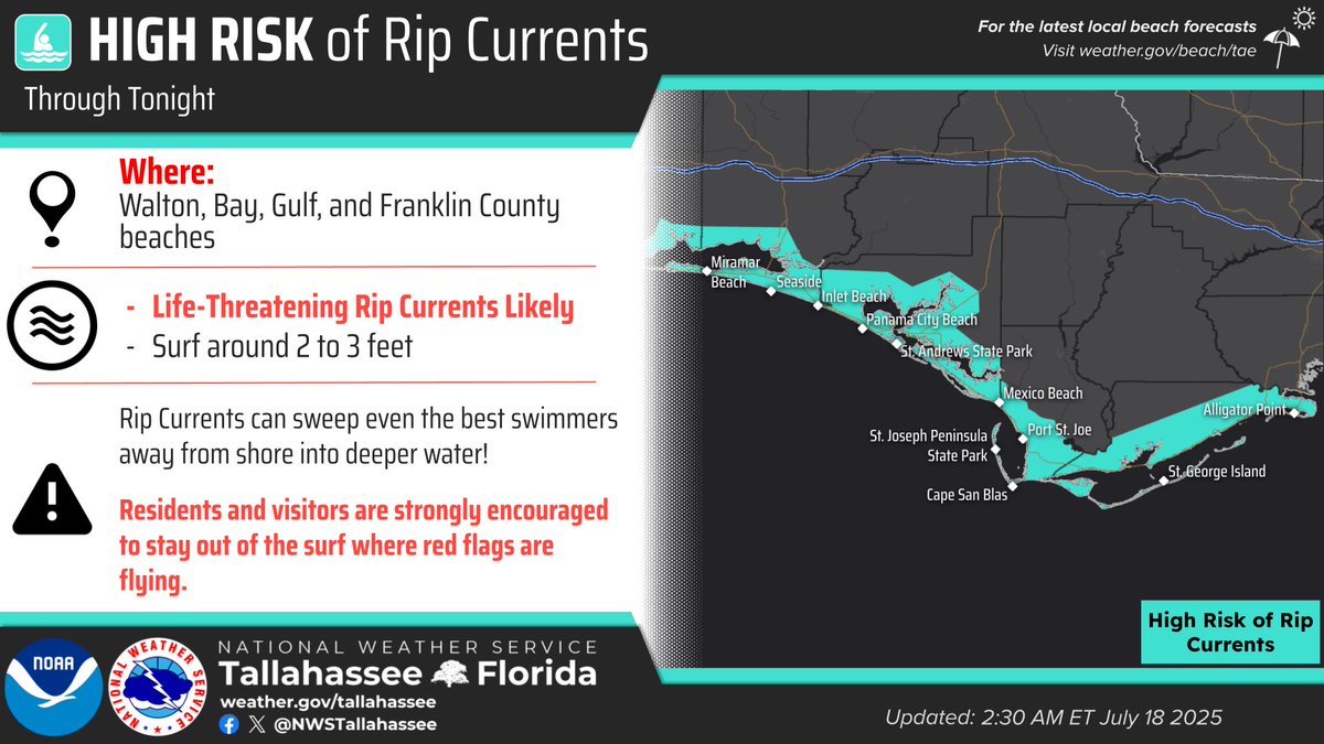 NWSTallahassee's tweet image. 7/18: The rip current risk remains HIGH today along our beaches. Don't let sunshine or hot weather fool you!
Please heed the advice of lifeguards and pay attention to the beach flags! #FLwx