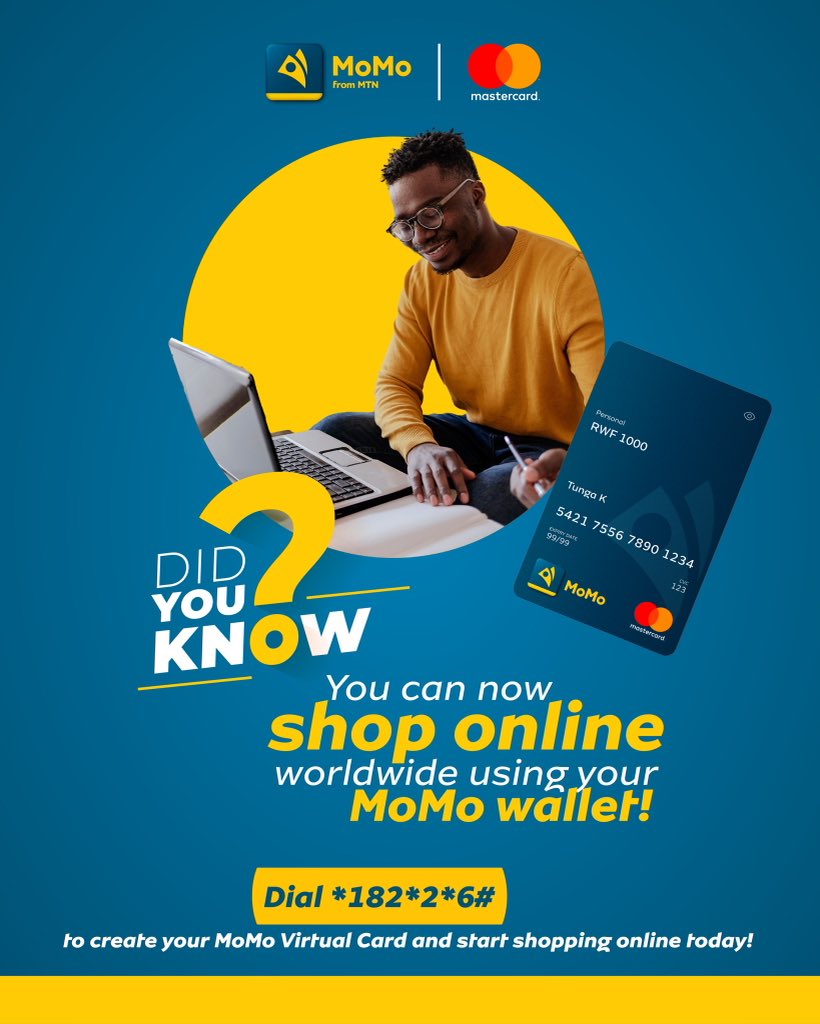 MoMo_Rwanda's tweet image. Yep, your wallet just went global!!! Create your MoMo Virtual Card by Dialing *182*2*6# and start shopping online today!
#Bivamomotima