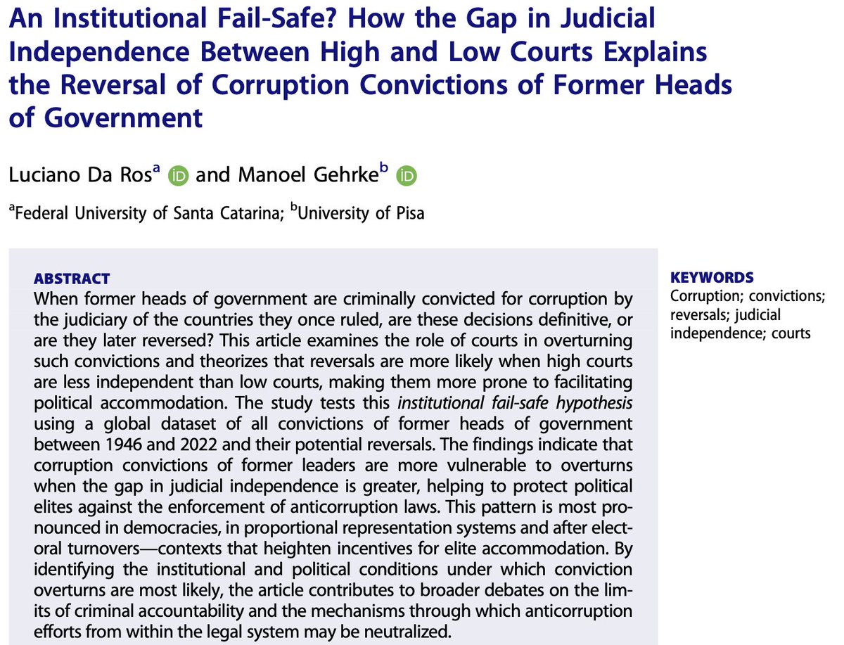 New Research:

Why do courts overturn former leaders' corruption convictions?

Our new study shows that reversals are more likely when high courts are less independent than lower courts, creating space for political accommodation. 🧵